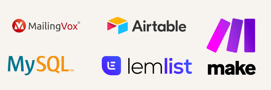 stack technique toporder, Make, Airtable, MailingVox, MySQL, Lemlist